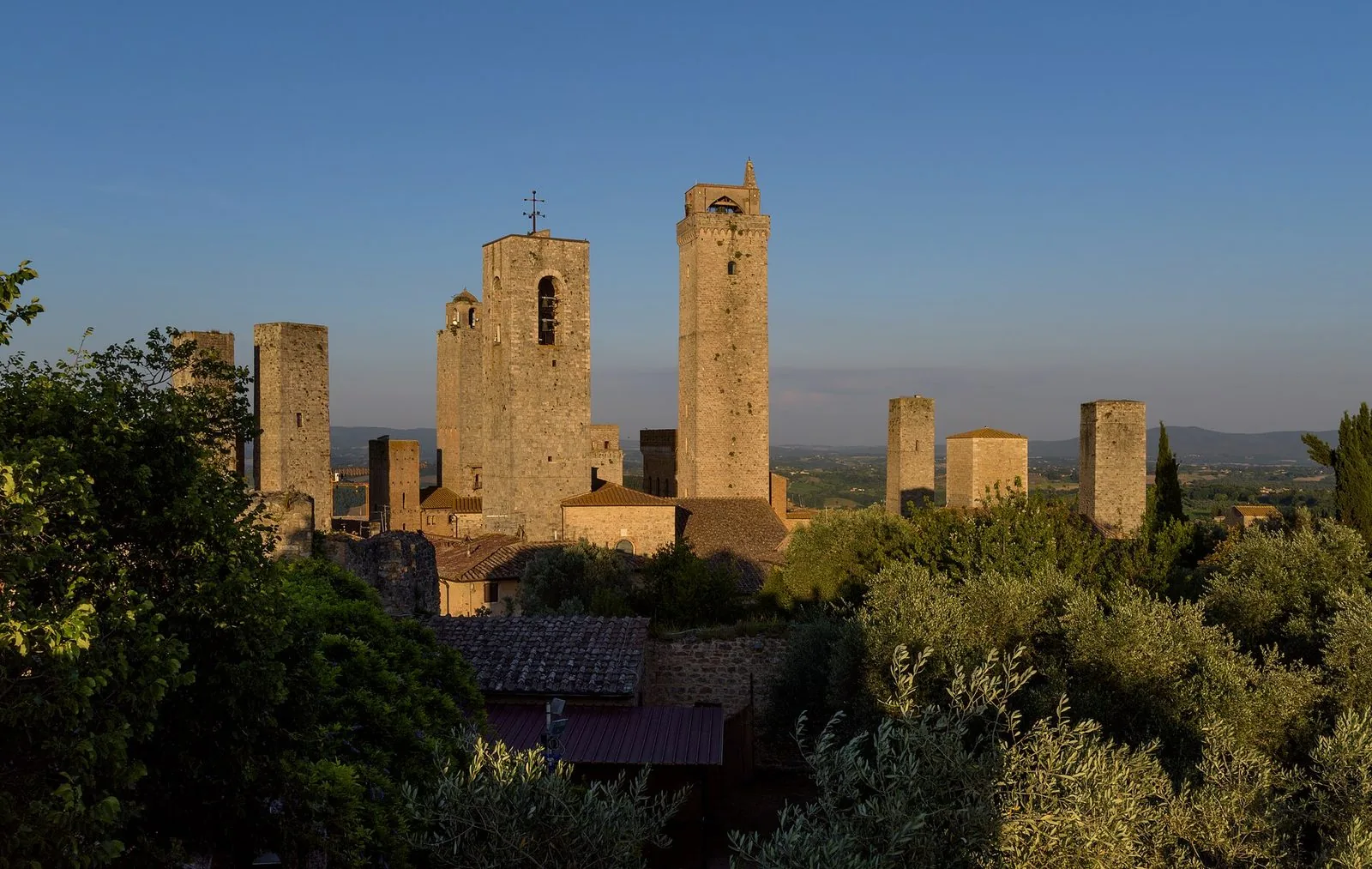 Le torri medievali di San Gimignano illuminate dal sole del tardo pomeriggio, viste dalla Rocca di Montestaffoli tra ulivi e cipressi